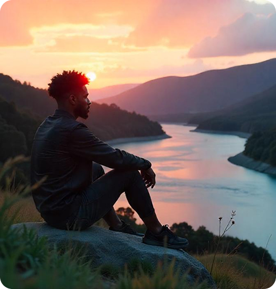man watching sunset